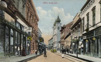 Pécs Király utca, Spiecel József cipő és kalap üzlete, villamos (fa)