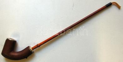cca 1900 Pipa jelzett ezüst (Ag) sipkával, borostyán szopókával, bőr tokban Adler Fülöp Fia műhelyéből (ragasztott!) /  Vintage pipe with silver frame, amber mouthpiece and leather case (repaired!)