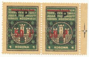 1945 Sopron városi illetékbélyeg, zöld hártyapapíron 1K 50P piros felülnyomású bélyegpár