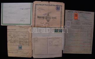 6db klf régi okmány illetékbélyegekkel: marhalevél, meghatalmazás, anyakönyvi kivonat, stb.