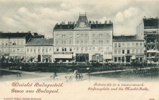 Budapest IV. István tér Vásárcsarnok; Laufer József Bor- és Sörházával, Fuchs Ede, Hoffmann Albert és Bloch Salamon üzleteivel