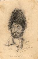 1917. Tábori postai levelezőlapon Kecskés Péter (1898-1986) honvéd, néptanító sajátkezű ceruzarajzzal készült orosz hadifogoly portréja és sajátkezű írása, aláírása Volhyniában, az orosz fronton