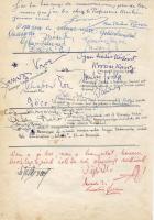 1961. Sennyei Vera színművésznő, Schubert Éva színművésznő, Kovács Károly színművész, Szendrő József színművész sajákezű írása, aláírása papírlapon