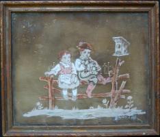 Lányi '938 jelzéssel: Magunkban, selyemkép, 22,5x19cm, üvegezett keretben