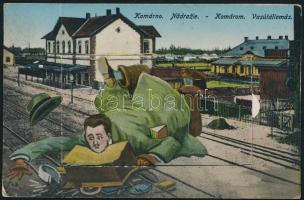 Komárom railway station, humour leporellocard