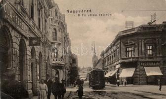 Nagyvárad main street, the butcher shop of Ferenc Oláh, tram (EK)