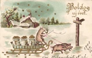 New Year Pig, sledge, gold, litho, Emb. (EK)