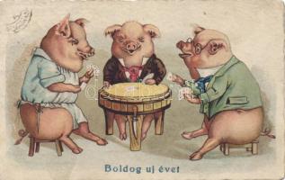 New Year pigs, card game, litho