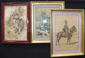 3db katonákat, illetve vadászokat ábrázoló művészeti reprodukció üvegezett keretben 34x24cm, 34x28cm, 38x28cm