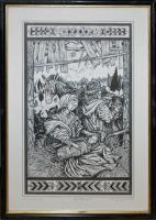 Sebestyén János (1957): A Szent Család, ofszet (VIII/XV), jelzett, üvegezett keretben, 47x33cm