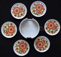 Virágmintás festett, jelzett, számozott brazil porcelán poháralátét-szett tartóval / 
Brazilian pain...