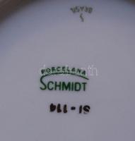 Virágmintás festett, jelzett, számozott brazil porcelán poháralátét-szett tartóval / 
Brazilian pain...