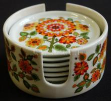 Virágmintás festett, jelzett, számozott brazil porcelán poháralátét-szett tartóval / 
Brazilian pain...