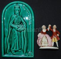 Szt. Erzsébetet ábrázoló kerámia falidísz (hátoldalán tollas firkával) és egy kézzel festett porcelán táncoló pár, a talapzat javított /  Ceramic plate with St. Elisabeth (back stained with pen) and a small porcelain figure of a dancing pair, repaired 16x9cm, 6x6cm