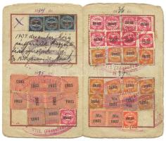 1934-1938 Magyar Szociáldemokrata Párt tagsági könyv 4 év tagsági bélyegeivel