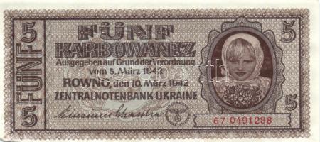 Ukrajna / német megszállás 1942. 5K T:II-(kis papírhiány) + Lengyelország 1941. 1Zl T:III + Olaszország/Indonézia 2db modern papírpénz T:I,II Ukraine/German occupation 1942. 5 Karbowanez C:FV(small paper damage) + Poland 1941. 1 Zloty C:F + Italy/Indonesia 2 modern banknotes C:Unc,XF