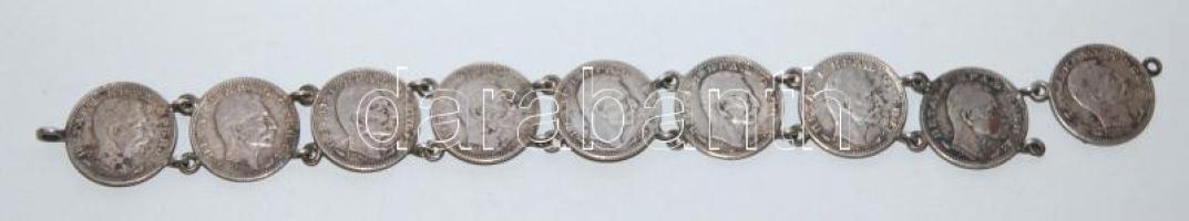 1915-ös ezüst (Ag) 50 parásokból álló lánc ezüst szerelékkel /  Bracelet with Serbian 50 paras (silver coins) with silver accessories, 24,5gr