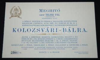 1927 Meghívó a Székely Egyetemi és Főiskolai Hallgatók Egyesületének Kolozsvár báljára.