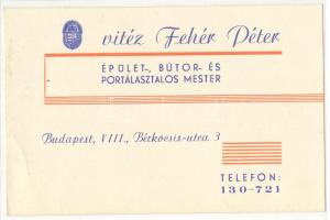 cca 1930 vitéz Fehér Péter asztalos reklámkártya