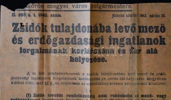 1942 Zsidók tulajdonába levő mező és erdőgazdasági ingatlanok forgalmát korlátozását kihirdető plaká...