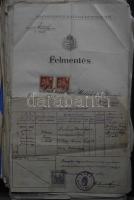 58 db okmánybélyeges okmány, számolócédula, árlista, újság, szavazólap stb érdekes vegyes anyag