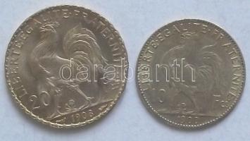 Franciaország 1900 10Fr Au (3,23g) T:3 + 1908. 20Fr Au (6,46g) T:2
France 1900 10 Francs Au (3,232g)...
