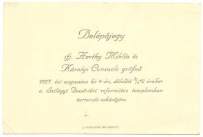 Ifj. Horthy Miklós és Károlyi Consuelo grófnő esküvőjére szóló belépőjegy