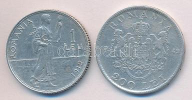 Románia 1912. 1L Ag + 1942. 200L Ag T:2-,3 Romania 1912. 1 Leu Ag + 1942. 200 Lei Ag C:VF,F