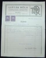1928 A makói Lipták Béla motorerőre berendezett géplakatos műhelye és vízvezetéki vállalata fejléces számlája illetékbélyegekkel