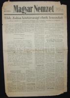 1948 júli. 31. A Magyar Nemzet címoldala Tildy Zoltán lemondásának, és veje, Chornoky Viktor őrizetbe vételének hírével