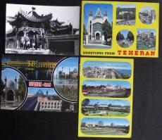 200 db modern nagyrészt használatlan képeslap, főleg külföldi városképek tengerentúlival, kevés magyar és motívum, közte leporellók