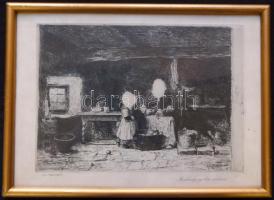 ~1900 Munkácsy Mihály (1844-1900) egyetlen rézkarca, Singer és Wolfner tulajdona, lemezen jelzett, 20x28cm, üvegezett keretben