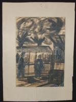 1960 Dulácska György (?): Piaci bódék közt, vegyes technika-papír, jelzett, paszpartuban, 31x22cm