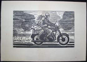 ~1970 Jelzés nélkül: Motorosok, fametszet-papír, 30x42cm