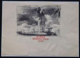 Szász Endre jelzéssel: Rabbi a házak fölött, toll, papír, paszpartban, 10×12 cm