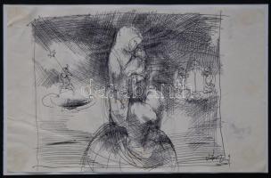 Szász Endre jelzéssel: Anya a gyermekével, toll, papír, paszpartban, 13×16 cm