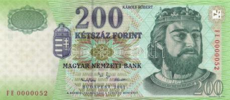 2001. 200Ft (5x) "FA/FB/FC 0000072/FD 0000019/FE 0000052" teljes sor! T:I