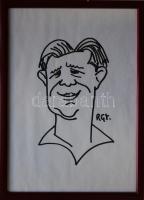 Rózsavölgyi György (1940-): Puskás Ferenc, tus, papír, jelzett, üvegezett keretben, 30×20 cm