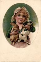 1899 Girl with rabbits, litho (EB)