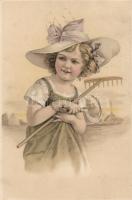 Girl with rake, litho