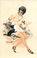 Lady playing with dog, s: Harrard