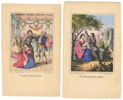 4 db. életképet ábrázoló színes nyomatok, 12×8 cm