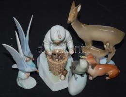 Zsolnay, Drasche porcelán tétel: Őz és gidája, jelzett, hibátlan, 18×14 cm, tacskó, jelzett, hibátlan, 7×11 cm, sirály pár, jelzett, hibátlan, (2×), 14×7 cm, kisfiú, jelzett, hibátlan, 17×16 cm, madár, jelzett hibátlan, 14×5 cm