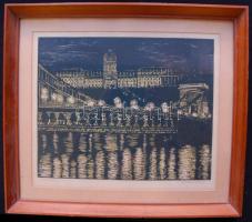 Diskay Lenke (1924-1980): Dunapart, linó, papír, jelzett, 27×33 cm