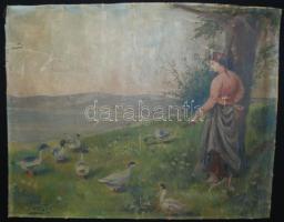 Margit jelzéssel: Libapásztor lány, olaj, vászon, hátoldalán Komjáty, sérült, 38×48 cm