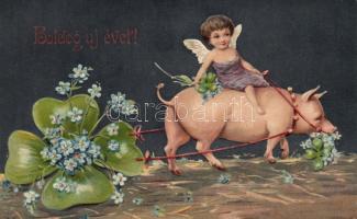 New year, pig, clover, angel, litho, Emb. (EK)