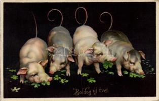 New year, pig, clover, litho