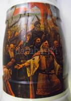 Díszes ónfedelű, matricás nagy sörös kupa, Munkácsy Honfoglalás című képével /
Beer pitcher with tin...