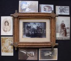 cca 1900 9db fotó, közte keményhátúak, egy katonai, egy üvegezett keretben