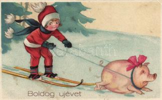 New year, pig, child, ski, litho (EK)